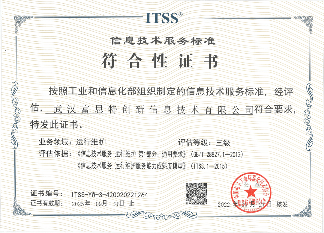 喜報(bào)丨富思特創(chuàng)新榮獲ITSS運(yùn)維服務(wù)能力成熟度符合性證書，持續(xù)引領(lǐng)武漢信息技術(shù)咨詢服務(wù)新高度